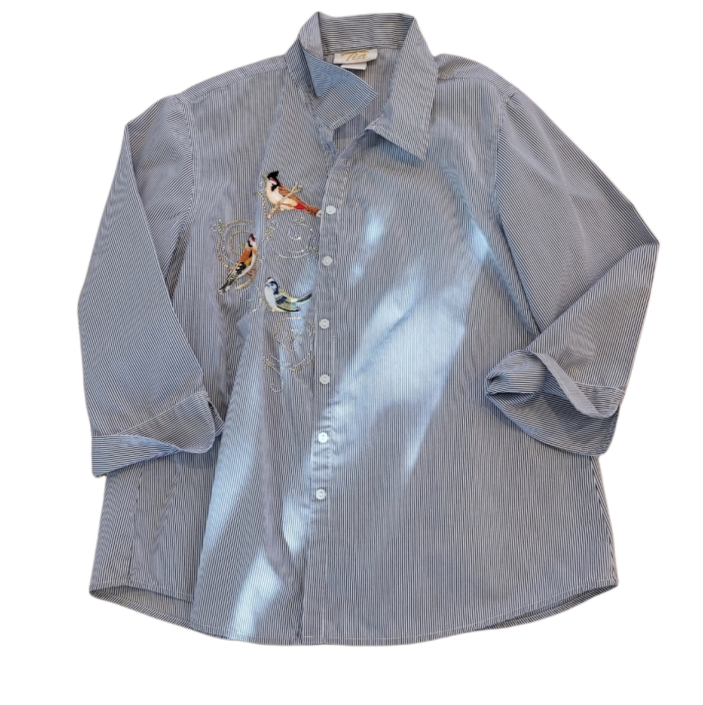 Tia Designs Pinstriped Embroidered Birds‎ Top